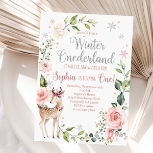 Winter Birthday Invitation Woodland Winter Onederland Invite Girl Pink Forest 1st Silver Gold Snowflake Floral Deer Editable Download Bir152