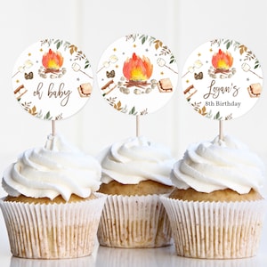 Editable S&#39;mores birthday cupcake toppers S&#39;more Party Camping Campfire Bonfire Fall Smore Fun Birthday decoration Boy Girl Printable Bir18