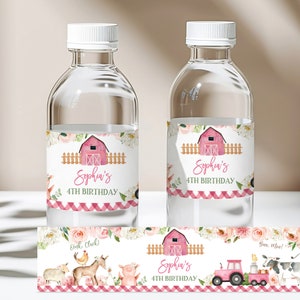 Étiquettes de bouteille d'eau d'anniversaire de ferme, autocollant de fête de ferme de fille, décoration d'anniversaire de basse-cour, ferme florale rose imprimable modifiable à télécharger Bir312