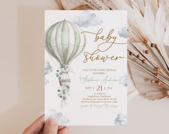 Baby Shower Invitation: Green Hot Air Balloon Theme (Editable Digital Bab376)