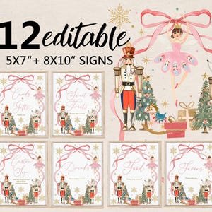 May include: Twelve editable signs with a Christmas theme. The signs are 5x7 and 8x10 inches. Each sign features a watercolor illustration of a ballerina, nutcracker, Christmas tree, and gifts. The signs have text such as "Cards & Gifts" and "Sweet Treats".