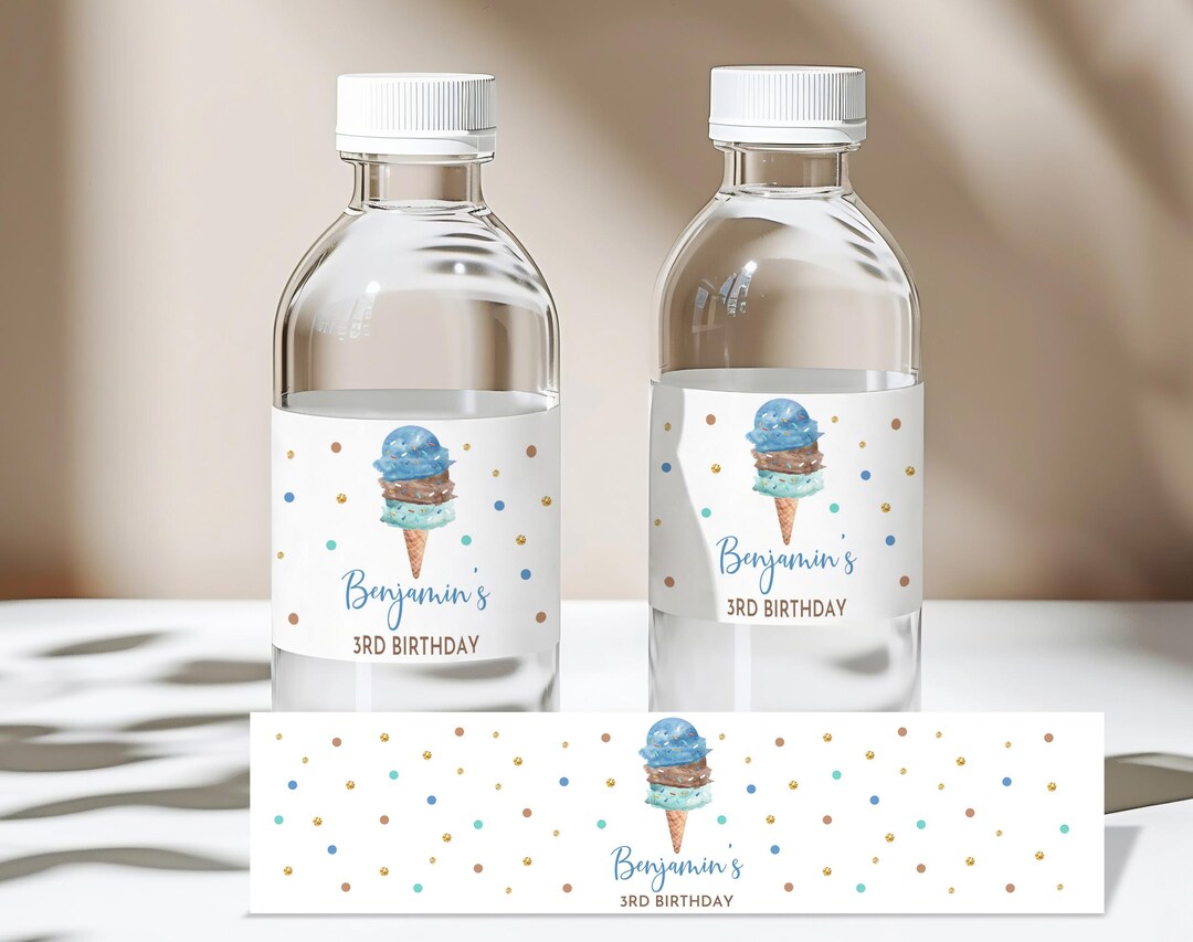 Boy Editable Ice Cream Birthday Party Water Bottle Labels Ice Cream ...