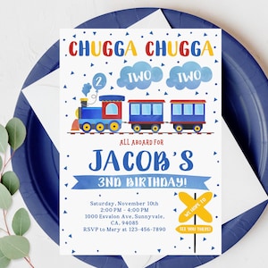 Train Party Invitation: Blue Editable 2nd Birthday - Digital Download Bir60