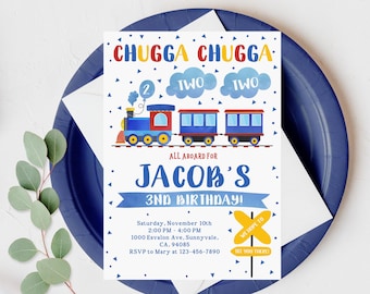Train Party Invitation: Blue Editable 2nd Birthday - Digital Download Bir60