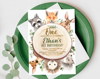 Woodland Birthday Invitation Forest animals Party Invite Greenery 1st First Boy Girl Wild One Printable Editable Download Digital Bir206