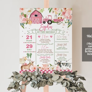 Poster di compleanno per traguardo della fattoria per ragazze Animali da fattoria Cartello di traguardo floreale rosa per fattoria Poster per ragazze Fattoria Modificabile Stampabile Scarica Bir312