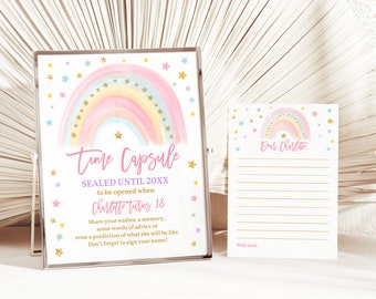 Panneau Capsule Temporelle : Arc-en-ciel pastel et paillettes dorées (Modifiable - Anniversaire fille Bir299)