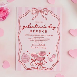 May include: A pink Galentine's Day brunch invitation with a bow-shaped border. The invitation includes the date, time, and location of the brunch, along with a call to RSVP. The design features illustrations of champagne glasses, cake, and strawberries.