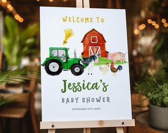 Baby Shower Welcome Sign: Green Tractor, Barnyard Animals - Editable Printable Bab9