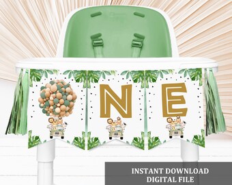 High Chair ONE Birthday Banner Safari Decor Wild One First Birthday 1st Decorations Boy Jeep Truck Tropical Printable Download Bir297