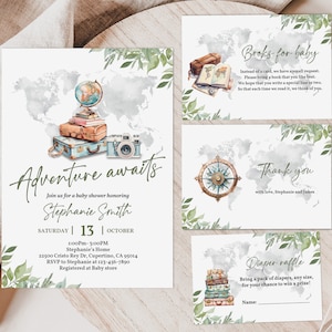 May include: A baby shower invitation set with a travel theme. The main invitation features a watercolour illustration of a globe, suitcases, and a camera. Additional cards include requests for books, thank you notes, and a diaper raffle.