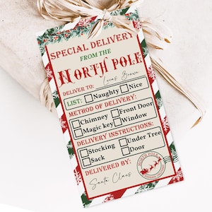 Plantilla de etiqueta de entrega especial del Polo Norte. Etiquetas de regalo de Papá Noel editables. Etiqueta de regalo del Polo Norte. Etiquetas navideñas imprimibles de Papá Noel. Descargar Cht76.