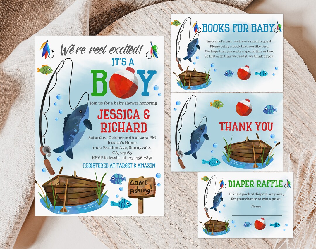 Fishing Baby Shower Invitation Set It's a Boy We're Reel Excited Rustic ...