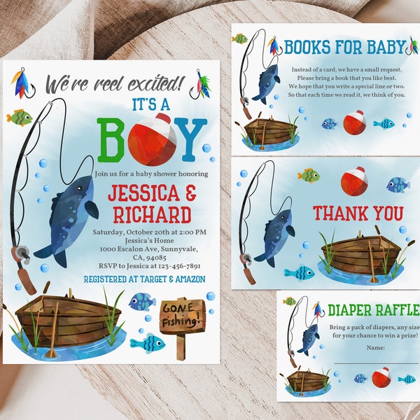 Fishing baby shower invitation set It's a boy We're reel excited Rustic Fisherman Invite Suite Digital Editable Printable Download Bab110