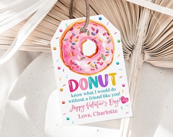 Può includere: Un ciambellone rosa e bianco con codette colorate, un biglietto di San Valentino con il testo "DONUT know what I would do without a friend like you! Happy Valentine's Day! Love, Charlotte."