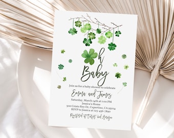 May include: A baby shower invitation with a green shamrock design. The invitation reads "Oh Baby" and includes the names "Emma and James".