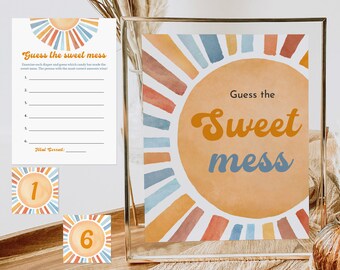 May include: A printable baby shower game with a watercolor sun design. The game is called "Guess the Sweet Mess" and asks guests to guess which candy made the sweet mess. The game includes a scorecard and numbered cards.