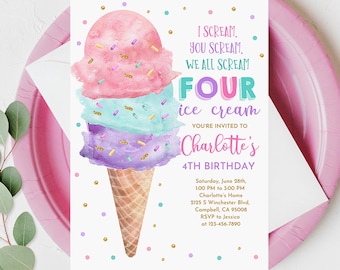 Birthday Invitation: Ice Cream Party Theme (Pink Mint Purple Editable Bir382)