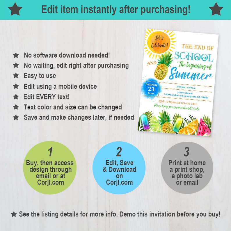 K&ouml;nnte beinhalten: Eine farbenfrohe digitale Einladung zu einer Sommerparty zum Ende der Schulzeit. Die Einladung zeigt einen Ananas, eine Wassermelone und Eis am Stiel. Der Text auf der Einladung lautet "The End of School The Beginning of Summer".
