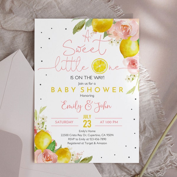 Sweet Little One Lemon Baby Shower Invitation Pink Lemon Baby Shower Invite Lemonade Summer Yellow Editable Printable Download Bab189