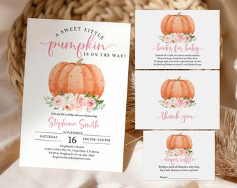 Baby Shower Invitation Set: Fall Pumpkin Floral (Editable Pink Design) Bab298