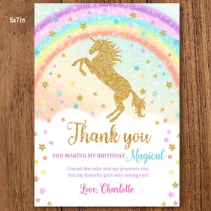 Tarjeta de agradecimiento de unicornio arcoíris Tarjeta de agradecimiento de cumpleaños mágica Descargar EDITABLE Bir54