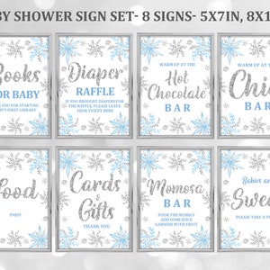 Winter Wonderland Baby Shower Sign Set Blue Snowflake Table Sign Bundle Silver Glitter Onederland Décor EDITABLE Download Bab68