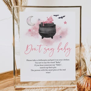 Halloween baby shower Baby is brewing Don&#39;t Say Baby Sign Don&#39;t Say Baby Game Girl Pink Baby shower Spooky Printable Editable Download Haba1