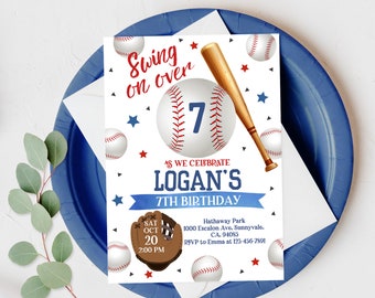May include: Baseball-themed birthday invitation with a white background and blue accents. The invitation features a baseball with the number 7 on it, a baseball bat, and a baseball glove. The text on the invitation reads "Swing on over as we celebrate Logan's 7th Birthday". The date and time of the party are listed as "Sat Oct 20 2:00 PM". The location is listed as "Hathaway Park 1000 Escalon Ave, Sunnyvale, CA. 94055". The RSVP information is listed as "RSVP to Emma at 123-456-7891".