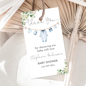 Jongenskleding babydouche bedankkaartje Wasserij babyshower bedankje babykleding jongen blauw groen Boho bewerkbare afdrukbare download Bab214