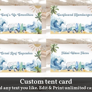 Surf party food tent card Baby Surfing Summer pool party Food labels Place Card Beach Surfer Ocean Buffet Editable Printable Bab187 Bir345
