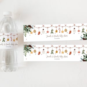 Étiquette de bouteille d'eau de baby shower de Noël A Merry Little Drink Sticker bohème vacances d'hiver neutres en téléchargement imprimable modifiable Chbab1