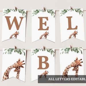 Editable Giraffe baby shower banner Safari animals garland Welcome baby Tropical Jungle Gender neutral Greenery Printable Digital Bab36