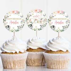 Arctic Animal Birthday Cupcake topper Wild one Party Decor Winter Party toppers Polar Bear Seal Snowflake Pink Floral Girl Editable Bir252