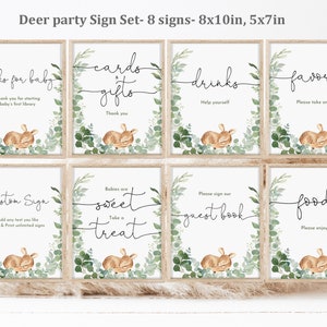 Set di cartelli per baby shower con cervi, animali del bosco, decorazioni per feste, animali della foresta, set di cartelli da tavolo, modificabili, verdi, di genere neutro, stampabili Bab120