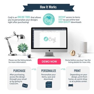 May include: How to personalize your designs using Corjl, an online tool.  The image shows a computer screen with the Corjl logo, a lamp, a succulent plant, and a white bird figurine.  The steps are: purchase, personalize, and print.  The image includes the text "DEMO NOW".