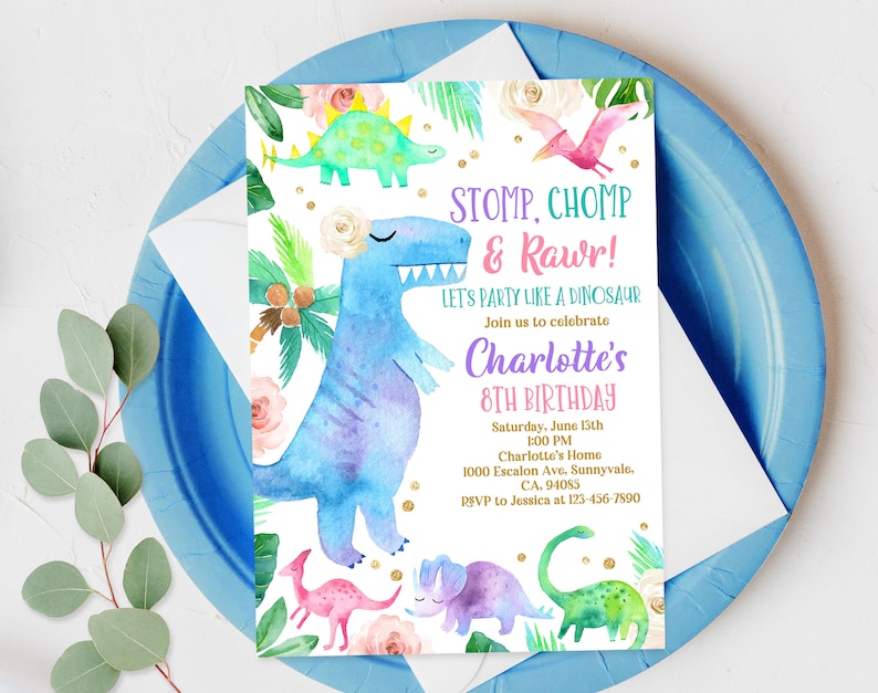 Girl Dinosaur Birthday Invitation Girl Trex Party Invite Tropical Jungle Cute Dino Digital Editable Download Printable