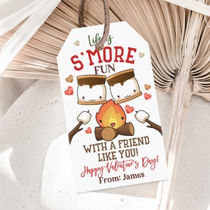 Etiquetas de presente de Dia dos Namorados S'mores A vida é mais divertida com uma etiqueta de lembrança de amigo editável Escola Dia dos Namorados Sala de aula Crianças Imprimir Baixar Vat35