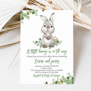 Bunny Baby Shower Invitation A little Bunny is on the way Invite Easter Spring Party Boy Greenery Rabbit Neutral Editable Download Eaba4