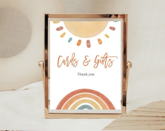 Cards and Gifts Sign: Boho Sunshine Rainbow - Baby Shower Birthday Decor Bab151