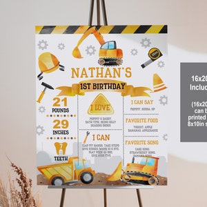 Puede incluir: Un cartel de cumpleaños de primer año para un niño llamado Nathan, con temática de construcción, imprimible en tamaño 16x20 pulgadas. El cartel presenta un esquema de color amarillo y negro con ilustraciones de vehículos de construcción, herramientas y una cinta métrica. El cartel incluye detalles como el peso, la altura, los alimentos favoritos y las canciones favoritas.