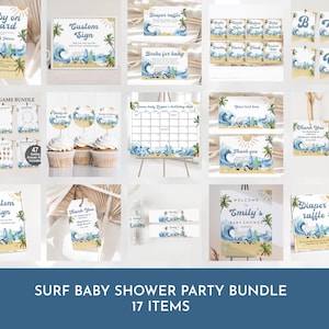 May include: A set of 17 printable items for a surf-themed baby shower. The items include signs, games, cupcake toppers, and thank you tags. The design features a blue and white watercolor wave with a surfboard and palm trees.