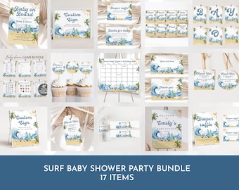 May include: A set of 17 printable items for a surf-themed baby shower. The items include signs, games, cupcake toppers, and thank you tags. The design features a blue and white watercolor wave with a surfboard and palm trees.