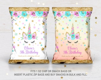 May include: Two printable chip bag designs featuring a unicorn with a gold glitter horn and flowers. The text on the bags reads "Olivia's 5th Birthday" and "Thank you for celebrating with me!"