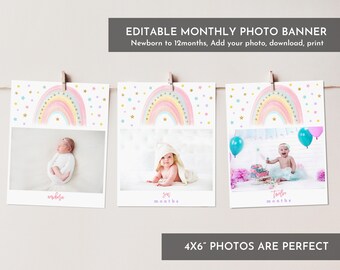 Pastel Rainbow First Birthday Banner - Editable Monthly Photo Cards Girl Bir299