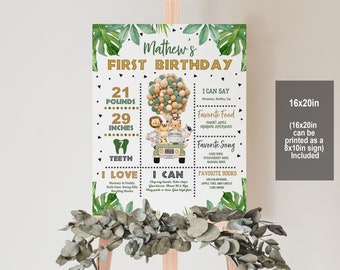 May include: A green and gold jungle-themed first birthday sign with a cartoon jeep, animals, and balloons. The sign includes the child's name, "Mathew's", and details about their first year, including weight, height, and favorite things. The sign is 16x20 inches and can be printed as an 8x10 inch sign.