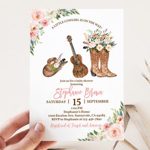 Little Cowgirl Baby Shower Invitation Country Cowgirl Boots Invite Western Rustic Boho Pink Floral Girl Editable Printable Download Bab208