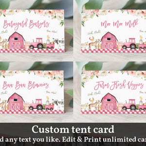 Carte d'anniversaire à la ferme avec tente pour fille, animaux de la ferme, étiquette alimentaire, fille de la basse-cour, douche florale rose, marque-places imprimable en téléchargement Bir312
