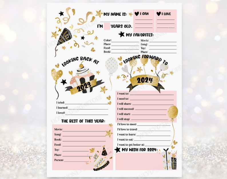 May include: A printable New Year's Eve activity page with a pink and gold color scheme. The page has a section for writing about the past year, including what the person tried, learned, and loved. There is also a section for listing their favorite things from the year, including a movie, song, book, food, toy, place, and person. The page also has a section for writing about the new year, including what they want to do, need to do, will share, will succeed at, will start, and will stop. There is also a section for listing things they would love to do, including meeting someone, traveling, learning, and eating. The page has a section for writing their wish for the new year. The page includes the text 'Looking Back at 2023' and 'Looking Forward to 2024'.