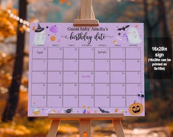 May include: Purple and white printable calendar with a Halloween theme. The calendar is decorated with ghosts, pumpkins, and bats. The text on the calendar says "Guess baby Amelia's birthday date".